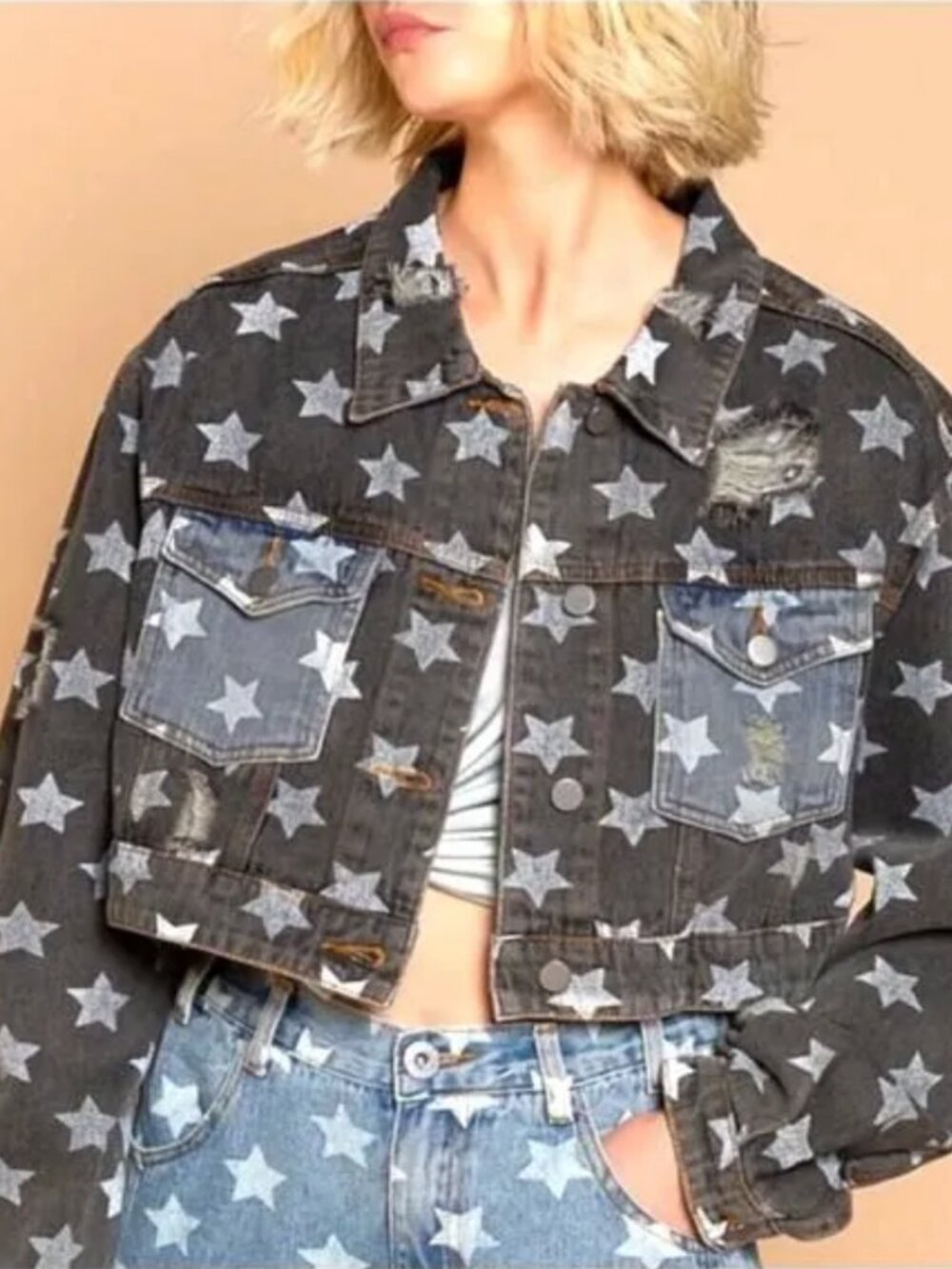 POL Women's Black w/Stars Cropped Distressed Denim Jacket sz S